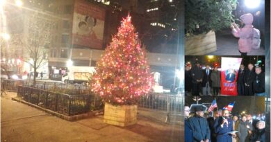 Duartianos, organizaciones y niños prenden arbolito navideño en Plaza Juan Pablo Duarte en el Alto Manhattan