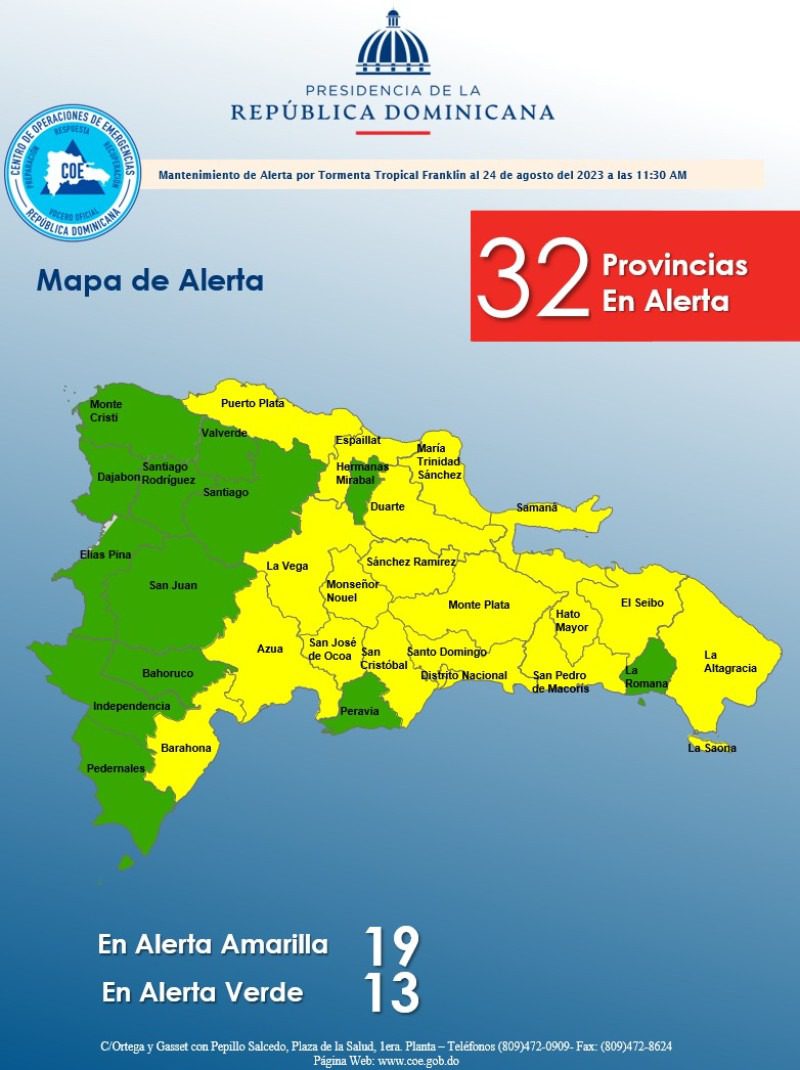 COE coloca 19 provincias en alerta amarilla y 13 en alerta verde