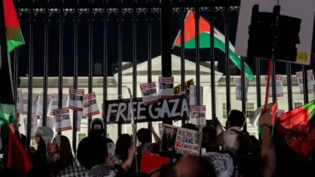 Manifestantes propalestinos intentan derribar una valla frente a la Casa Blanca