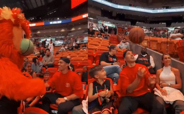 Luis Suárez fue a ver la NBA con su familia e hizo jueguitos con la mascota de Miami Heat
