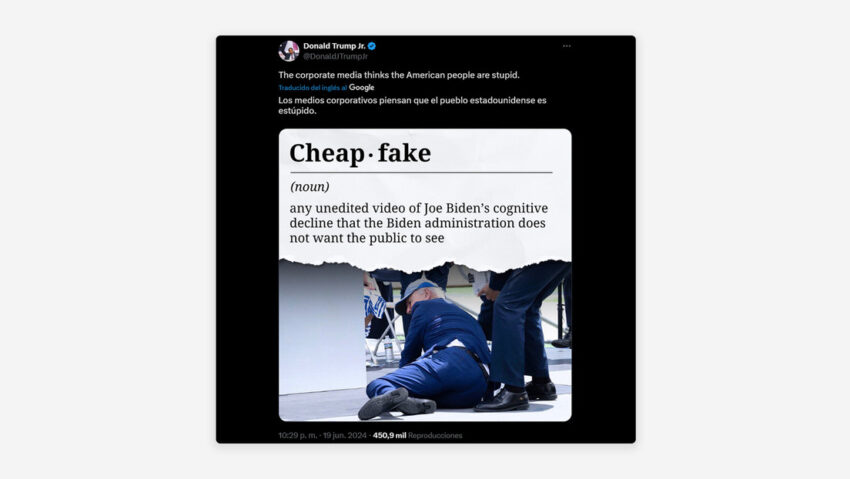 Donald Trump Jr. trolea a la Administración Biden y define qué es un 'fake'