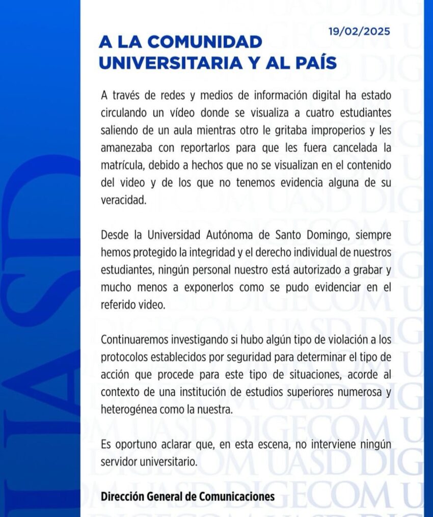 UASD reafirma su compromiso con la integridad y los derechos de sus estudiantes
