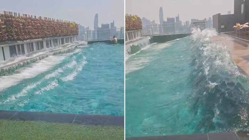 La prisa de un bañista en la piscina de un rascacielos en Bangkok debido al temblor de tierra.