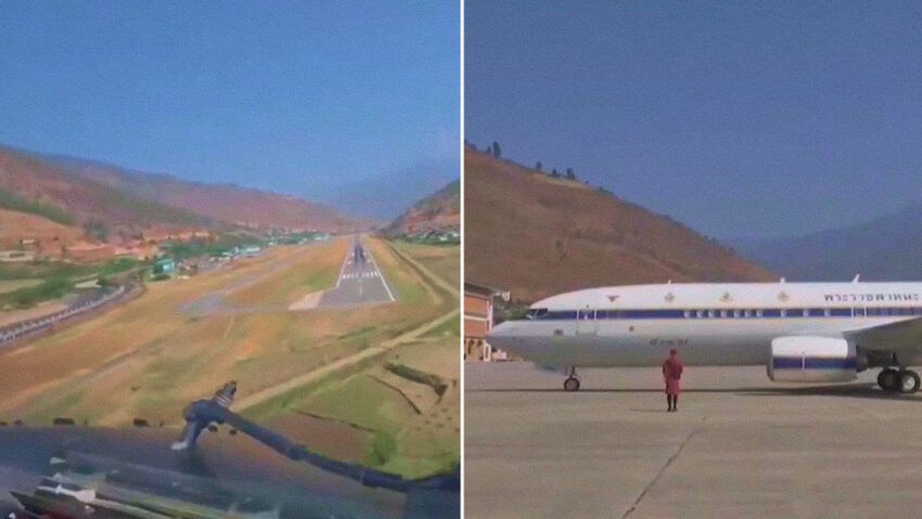 Los reyes de Tailandia aterrizan un avión en una de las pistas más difíciles del mundo