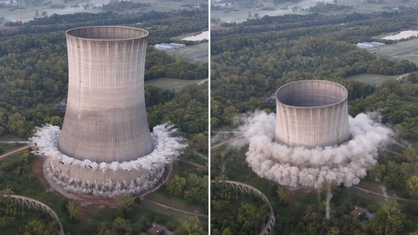 Demuelen una torre de refrigeración con una potente explosión