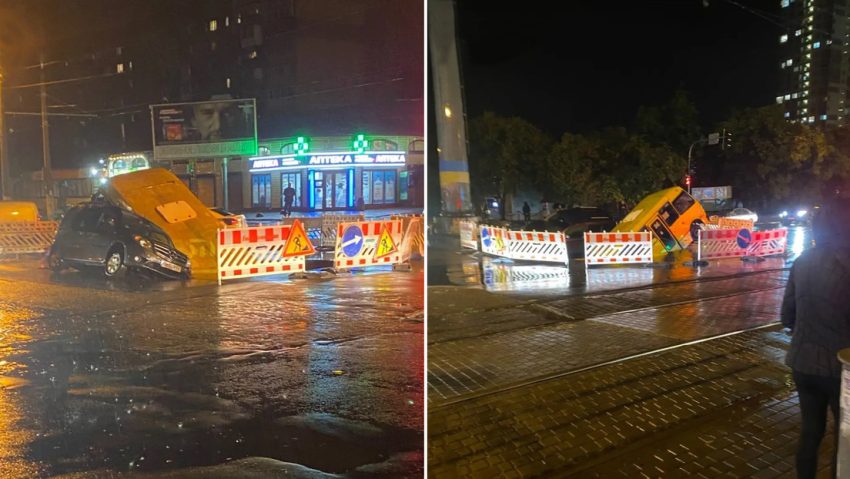 Autobús es 'engullido' por un enorme socavón en una carretera de Ucrania