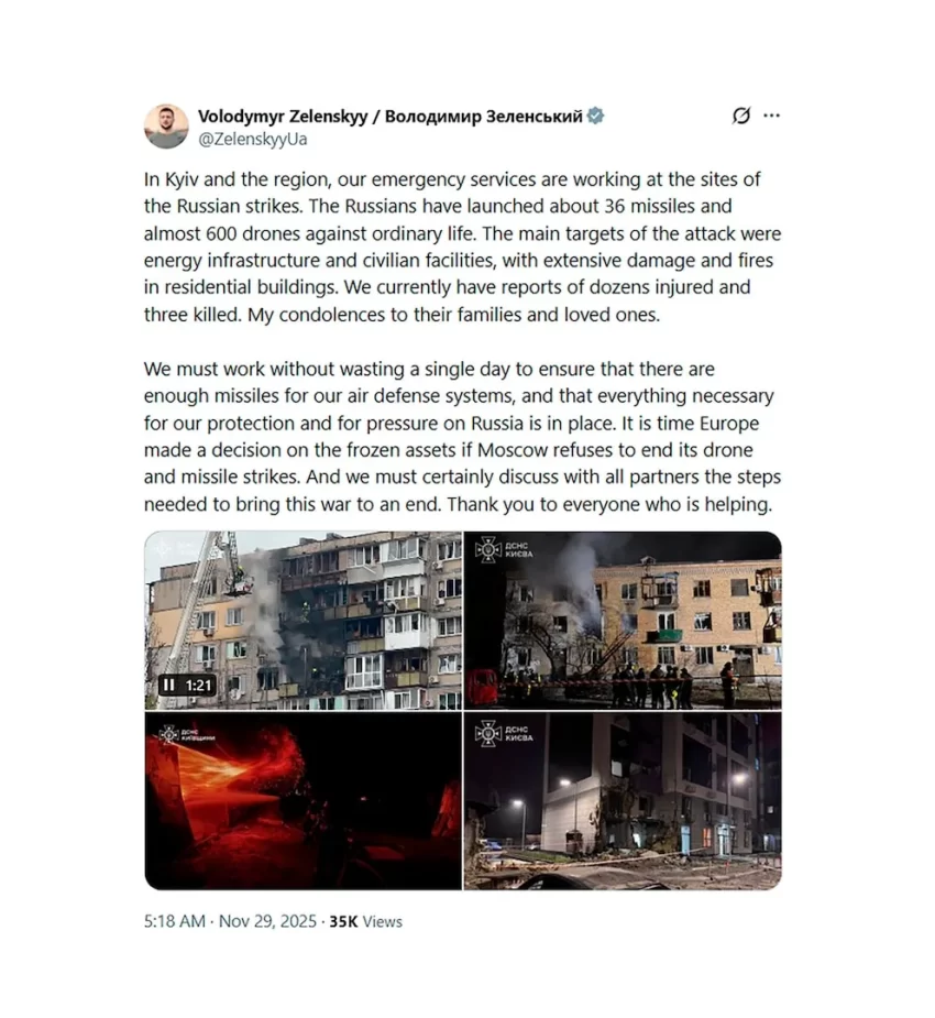 🚨 “Noche de terror en Kiev”: ataque ruso con 36 misiles y casi 600 drones deja muertos y Zelensky exige al mundo actuar