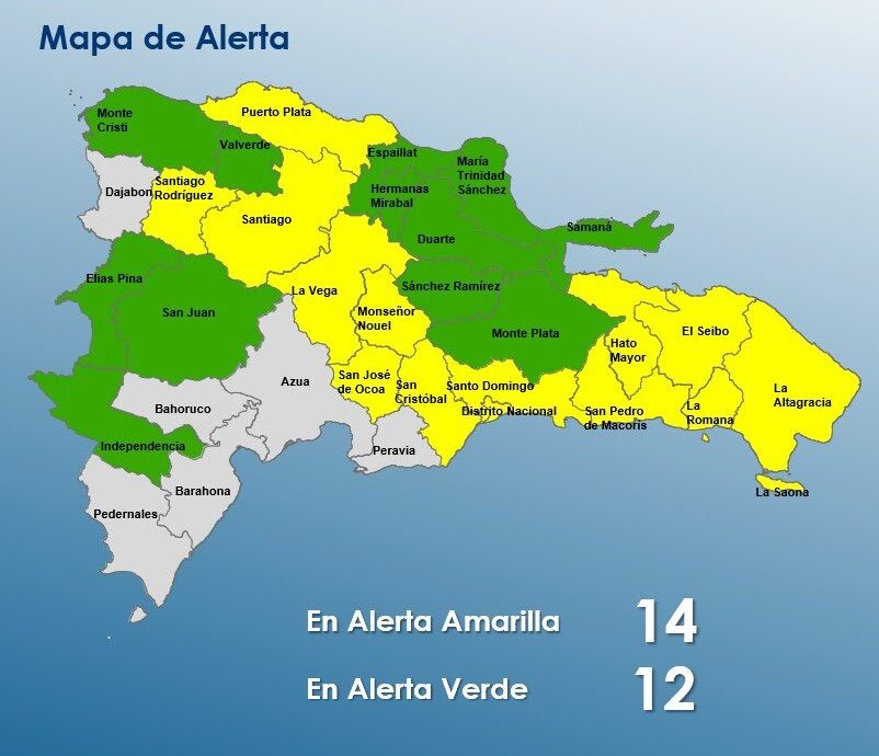 COE eleva las advertencias: 13 provincias y el Distrito Nacional en alerta amarilla por intensas lluvias.