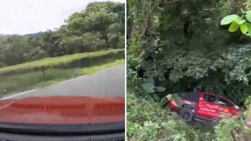 El aterrador instante en que un camión de bomberos pierde el control y cae por un barranco